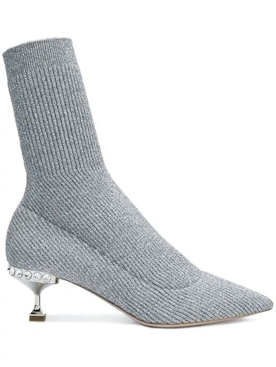 Shop Miu Miu Lurex Knit Ankle Boots In Grey