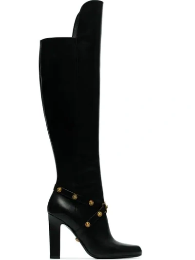 Shop Versace Black Medusa Stud 100 Leather Over The Knee Boots