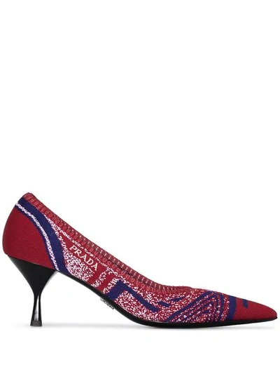 Shop Prada Red 65 Stretch Knit Leather Pumps In F0xuqi Scarlato