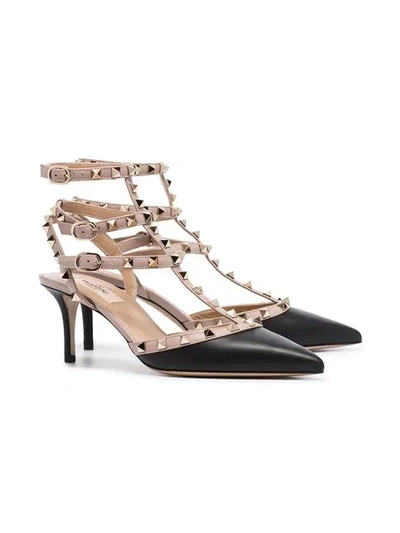 VALENTINO BLACK AND BEIGE ROCKSTUD 65 STRAPPY LEATHER PUMPS - 黑色