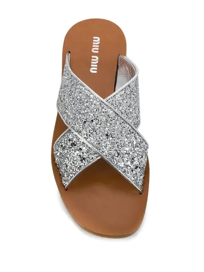 Shop Miu Miu Glitter Flat Sandals In F0118 Argento