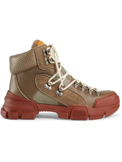 Shop Gucci Leather And Canvas Trekking Boots In Brown