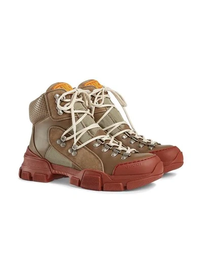 Shop Gucci Leather And Canvas Trekking Boots In Brown