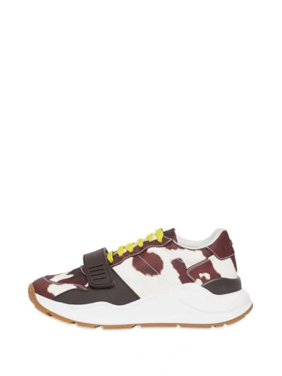 Shop Burberry Cow Print Nylon Sneakers In Brown