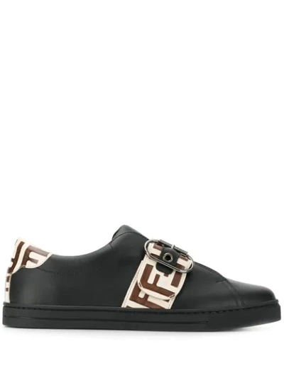 Shop Fendi Ff Pattern Buckled Sneakers In Black