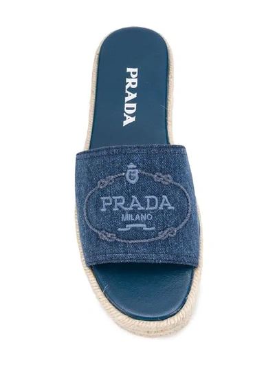 Shop Prada Raffia Platform Slides In Blue