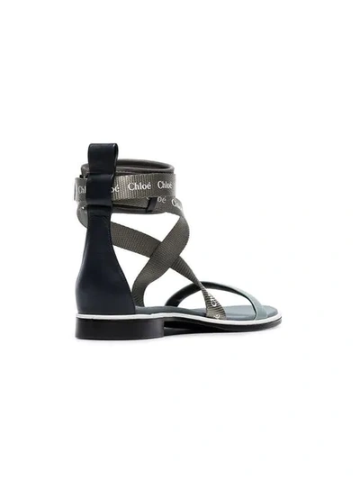 Shop Chloé Sea Blue Fabric Strap Logo Print Sandals In Green