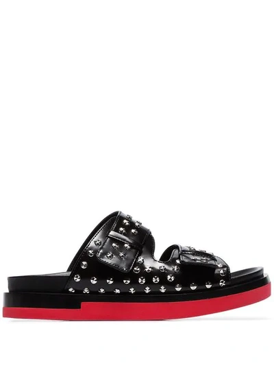 ALEXANDER MCQUEEN BLACK STUDDED DOUBLE-STRAP LEATHER SANDALS - 黑色