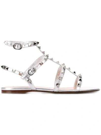 Shop Valentino Garavani Rockstud Flat Sandals In Silver