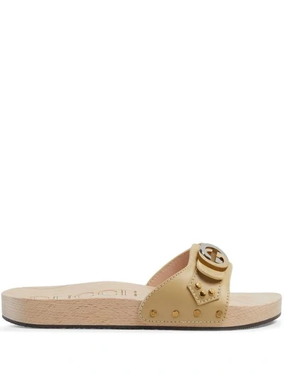 Shop Gucci Leather Slide Sandal With Interlocking G In Neutrals