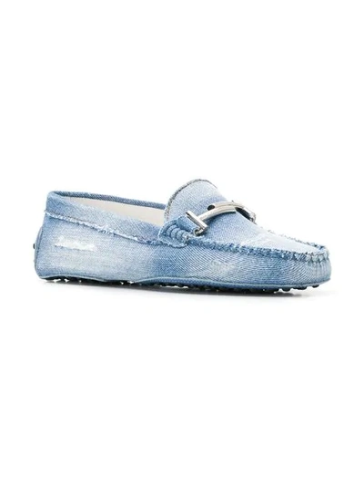 Shop Tod's Distressed Denim Loafers In Blue