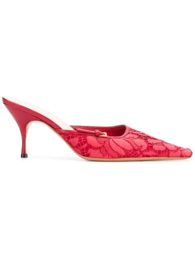 Pre-owned Prada 2000's Pointed Lace Mules In Red