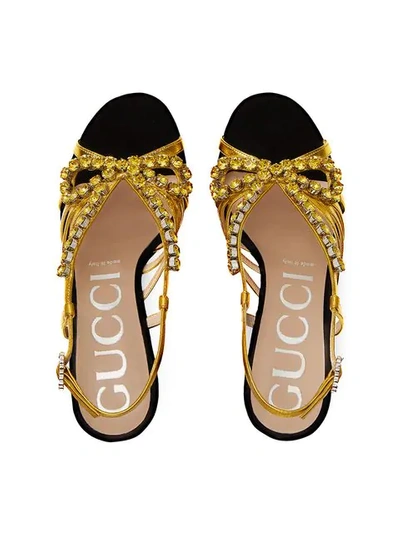 Shop Gucci Velvet And Leather Sandal With Crystals In Gold