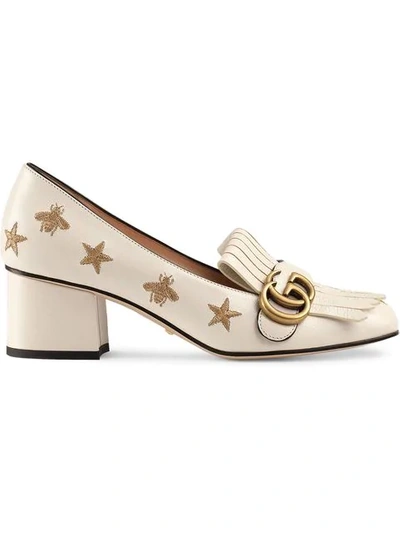 Shop Gucci Embroidered Leather Mid-heel Pump In White