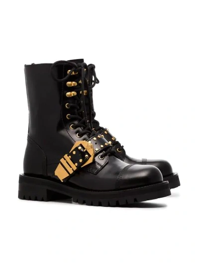 Shop Versace Studded Belt Leather Brogued Boots In Black