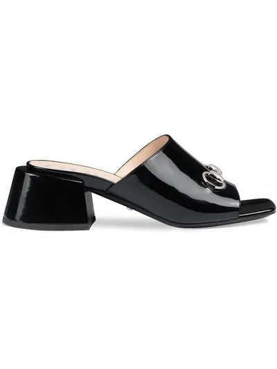 Shop Gucci Patent Leather Mid-heel Slides In Black