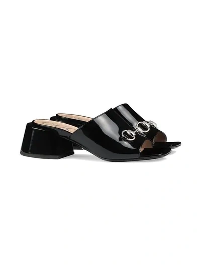 Shop Gucci Patent Leather Mid-heel Slides In Black