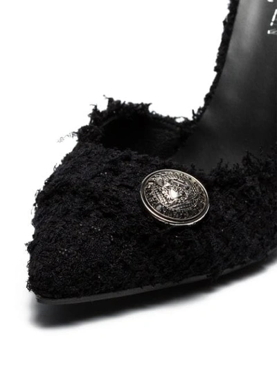 Shop Balmain Black Julie 95 Badge Embellished Tweed Leather Pumps In 0pa Black