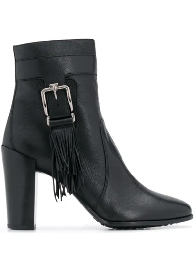 Shop Tod's Fringed Buckle Ankle Boots In Black