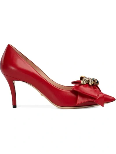 Shop Gucci Leather Mid-heel Pump With Bow In Red