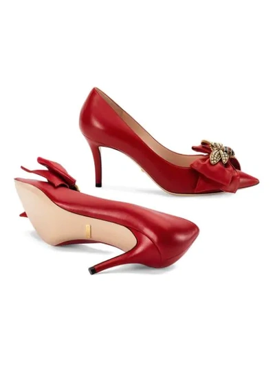 Shop Gucci Leather Mid-heel Pump With Bow In Red