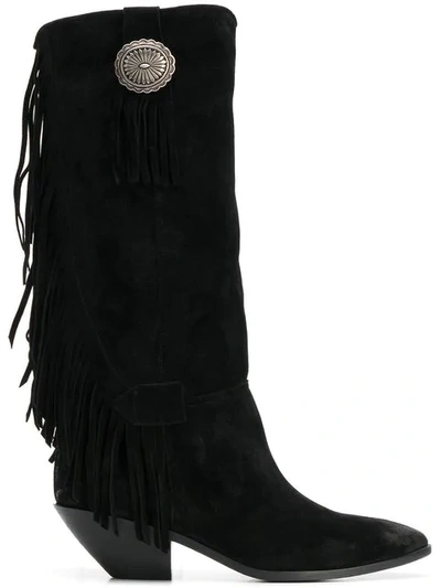 Shop Saint Laurent Fringe Trim Boots In Black