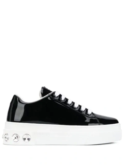 Shop Miu Miu Crystal Embellished Lace Up Trainers In Black