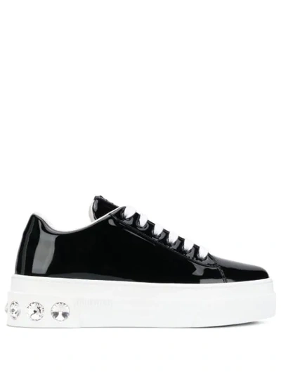 MIU MIU CRYSTAL EMBELLISHED LACE UP TRAINERS - 黑色