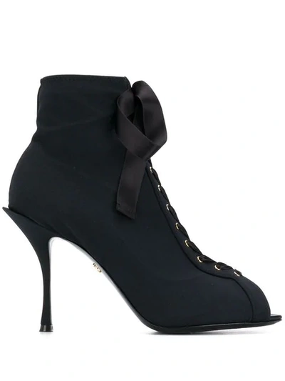 Shop Dolce & Gabbana Lace-up Peep Toe Sandal Boots In Black