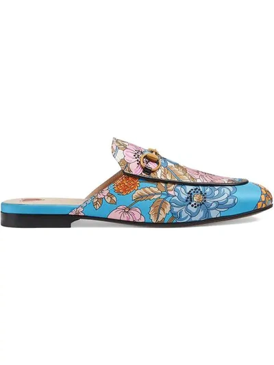 Shop Gucci Princetown Flowers And Tassels Print Slipper In Blue