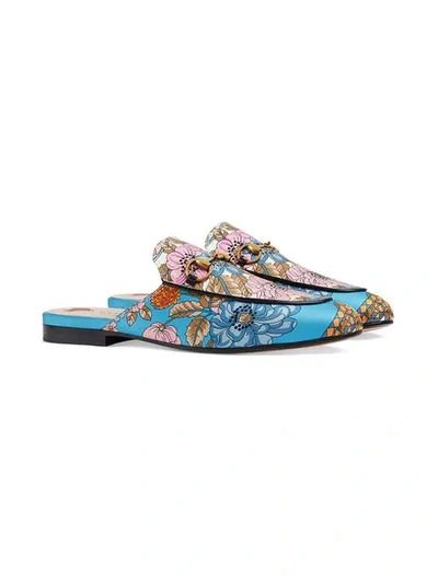 Shop Gucci Princetown Flowers And Tassels Print Slipper In Blue