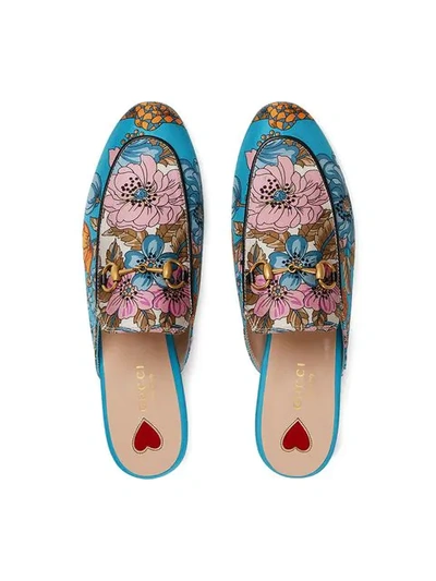 Shop Gucci Princetown Flowers And Tassels Print Slipper In Blue