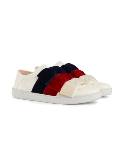 Shop Gucci Ace Sneaker With Velvet Bows In 9093 White