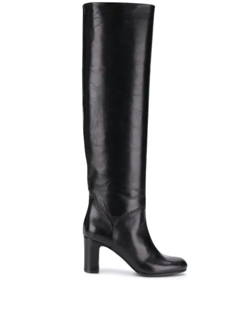 black leather mid heel knee high boots