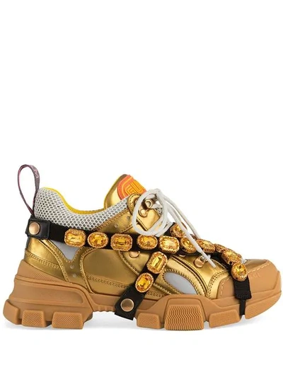 Shop Gucci Flashtrek Leather Sneaker With Crystals In Gold