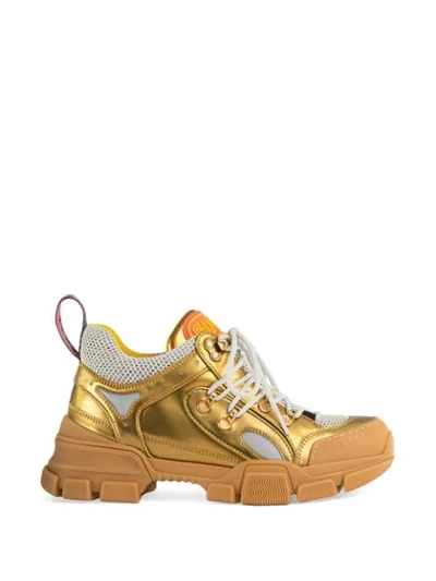 Shop Gucci Flashtrek Leather Sneaker With Crystals In Gold