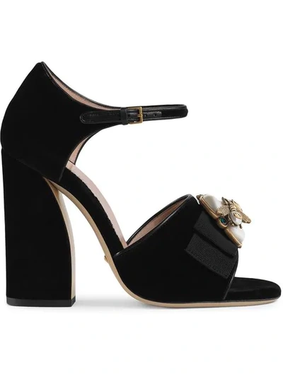 Shop Gucci Velvet Sandals With Bee In Black