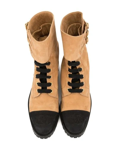 Pre-owned Chanel Cc Contrasting Lace-up Boots In Brown
