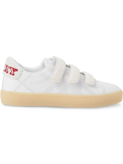 Shop Burberry Strap Detail Perforated Check Leather Sneakers In White