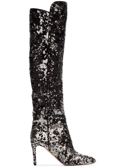 Shop Aquazzura Gainsbourg 85 Silver Sequin Boots - Metallic