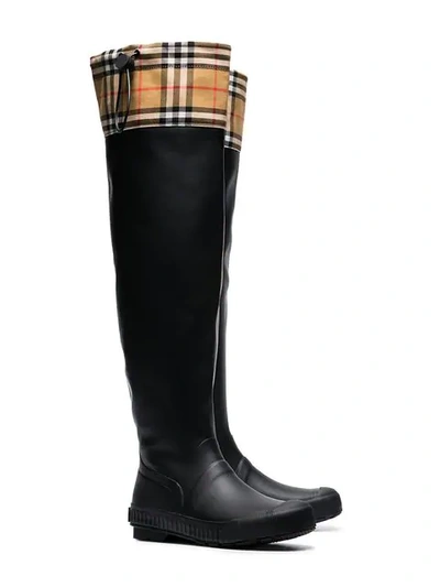 Shop Burberry Vintage Check And Rubber Knee-high Rain Boots In Black