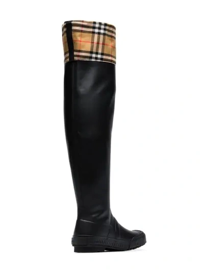 Shop Burberry Vintage Check And Rubber Knee-high Rain Boots In Black