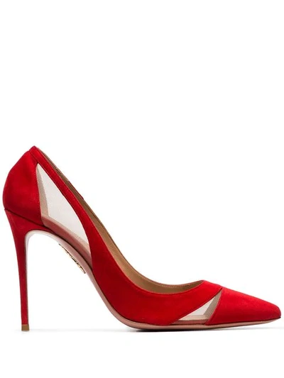 Shop Aquazzura Red Savoy 105 Mesh Panel Suede Pumps 