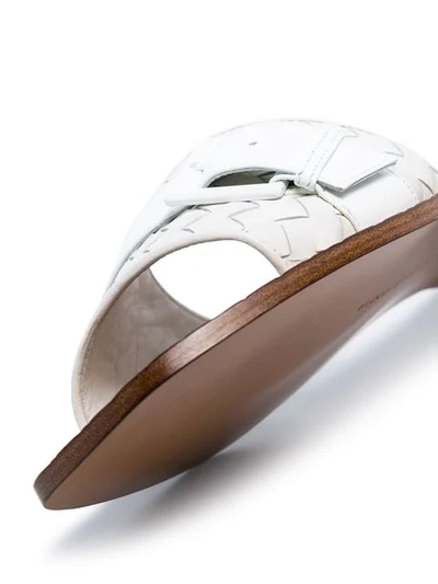 Shop Bottega Veneta White Ravello Buckle Woven Leather Flat Sandals