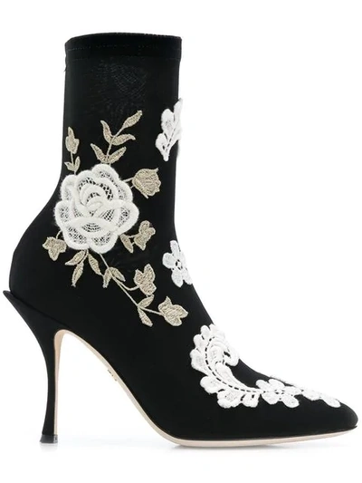 Shop Dolce & Gabbana Embroidered Ankle Boots In 89690 Nero/bianco