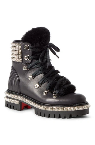 Shop Christian Louboutin Yeti Studded Hiking Boot With Faux Fur Trim In Black/ Silver