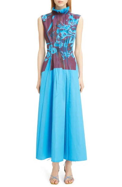 Shop Roksanda Floral Print Ruffle Collar Pleated Dress In Azure