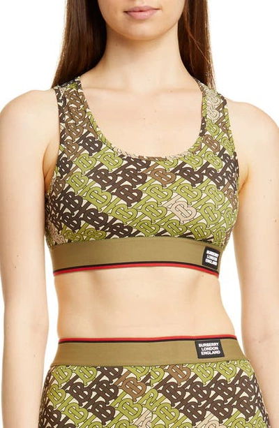 Shop Burberry Tadmor Tb Monogram Camo Print Sports Bra In Khaki Green Ip Pat