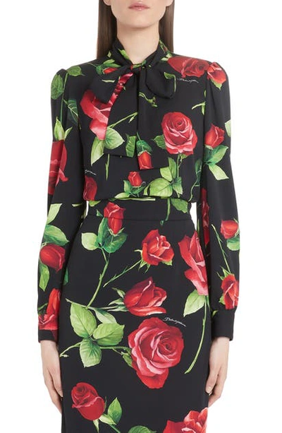 Shop Dolce & Gabbana Rose Print Tie Neck Blouse In Rose Black