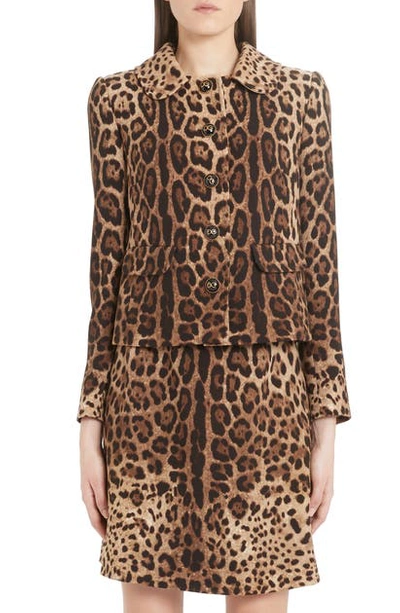 Shop Dolce & Gabbana Leopard Print Logo Button Wool Jacket